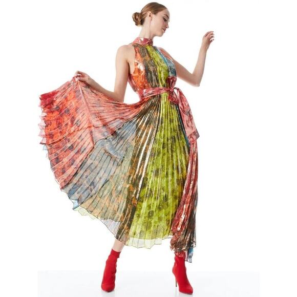 Alice + Olivia Dresses & Skirts - ALICE + OLIVIA Mertie Mock Neck Pleated Silk-Blend Maxi Striped Dress Size 8